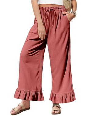 Wide Leg Ruffle Hem Drawstring Pants - rust orange